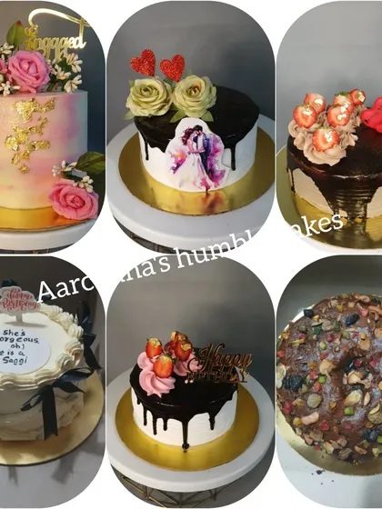 A collage of various celebration cakes, including drip cakes and floral designs.