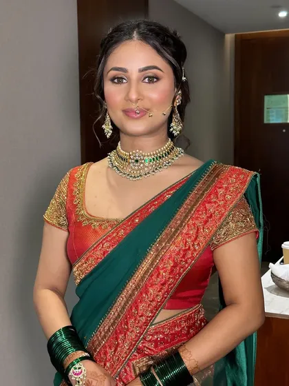 A close-up of the Haldi look. The makeup is subtle and radiant, enhancing her natural beauty while respecting tradition.