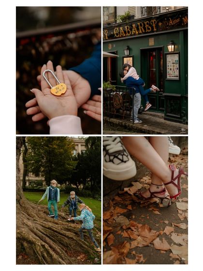 A collage of detail shots from a Paris pre-wedding shoot. It includes a love lock, playful moments, and details of their shoes against fallen autumn leaves, telling a story through small, significant elements.