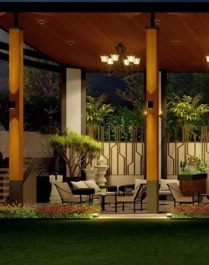 A side view of the luxurious outdoor pavilion in Meerut. This render highlights the comfortable lounge seating, elegant chandeliers, and layered planting that create a sophisticated space for relaxation.