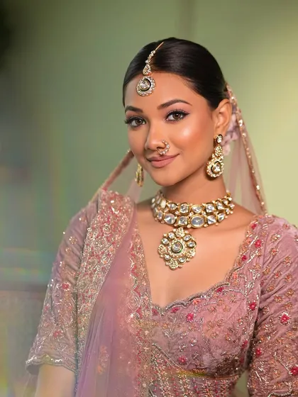 I adore working with modern brides who love pastel lehengas. This look features a soft, ethereal makeup style with a clean, defined eye and a natural lip, perfectly complementing the delicate outfit.