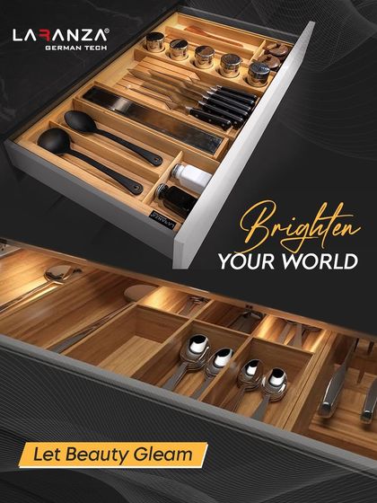 Brighten your world with organized beauty. My wooden drawer organizers are perfect for cutlery or other kitchen essentials, with integrated lighting to make everything gleam.