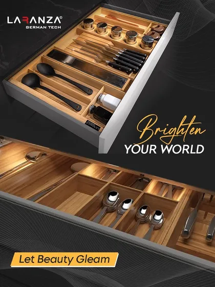 Let beauty gleam even inside your drawers. My wooden organizers can be paired with integrated drawer lights to brighten your world and showcase your organized utensils.