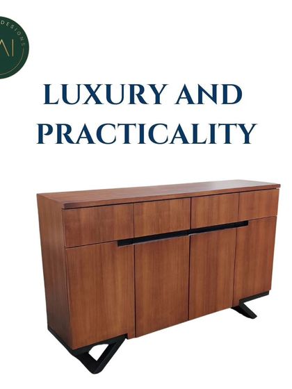 A studio shot of the wooden sideboard, emphasizing its blend of luxury and practicality. This piece offers ample storage with its combination of drawers and cabinets.