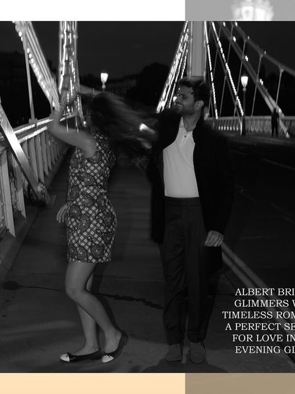 A black and white image capturing a spontaneous dance on the bridge at night. This photo feels timeless and full of life, a perfect memory from their London shoot.