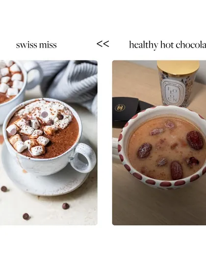 Instead of a sugary Swiss Miss hot chocolate, try a healthier version made with dates and nuts. It's naturally sweet and much more nutritious.