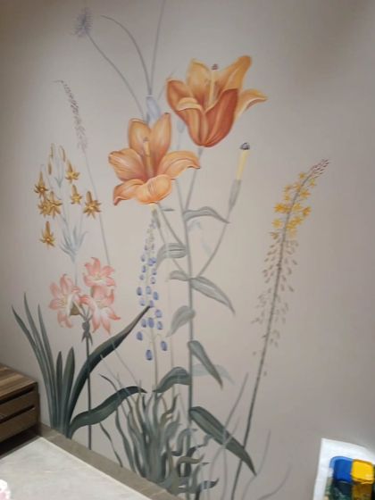 This delicate floral mural was painted in a Bangalore bedroom, bringing a touch of nature indoors. The soft, vintage-inspired botanical illustrations create a peaceful and romantic ambiance.