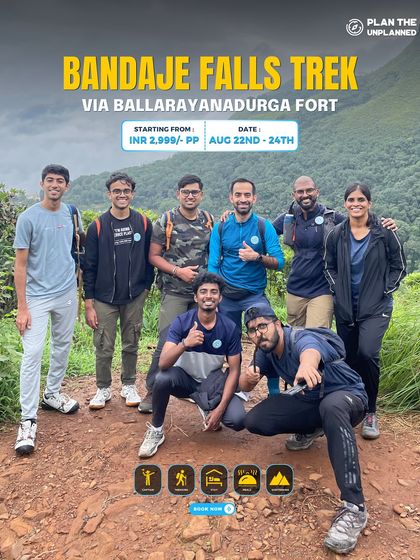 A group of friends posing on the trail during the Bandaje Falls trek via Ballarayanadurga Fort.