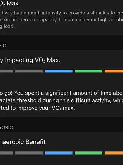 Another VO2 Max reading, showing a highly impacting workout. We analyze this data to understand which types of sessions are most effective for your specific physiology.