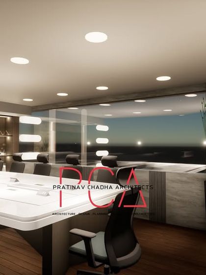 A visualization of a conference room in Narela, designed with minimalistic tones. This view highlights the large conference table and the expansive window, creating a space that feels both professional and connected to the outdoors.