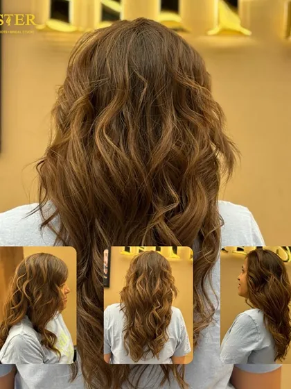 A collage displaying a client's hair color journey, resulting in a beautiful, multi-tonal look with soft, flowing waves.