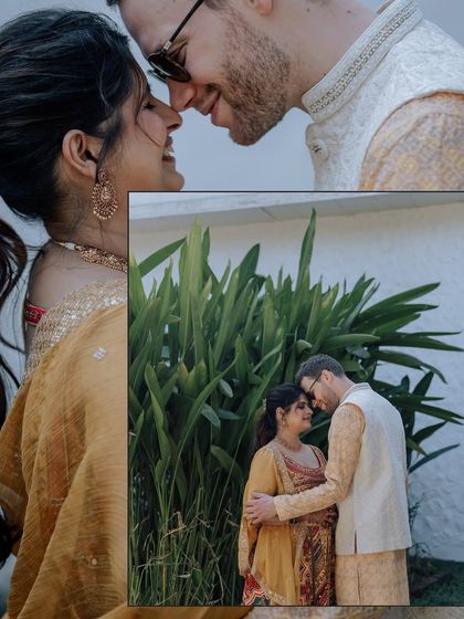 A collection of portraits from a beautiful Haldi photoshoot. I coordinate with the photo team to capture a variety of shots, from romantic close-ups and playful kisses to stylish individual portraits, all within a cohesive, sun-drenched theme.