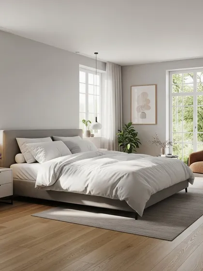A bright, sunlit bedroom with a focus on natural elements, including light wood flooring and indoor plants. The simple grey upholstered bed and white walls create a fresh and airy Scandinavian-inspired aesthetic.