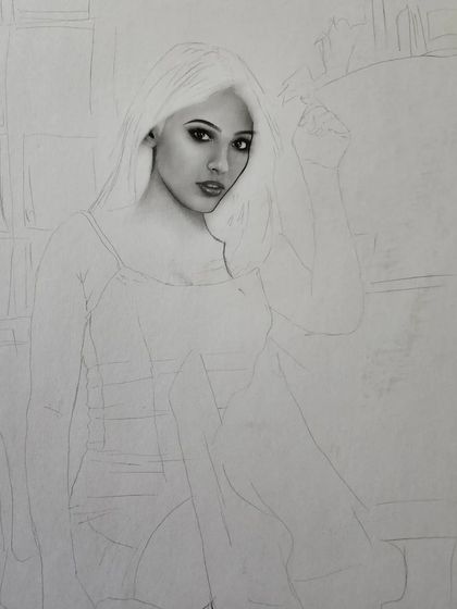 A work-in-progress shot of a full-length portrait.