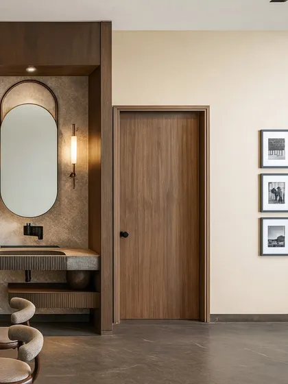 Adjacent to the kitchen, a discreet handwashing area with a stylish vanity is provided for convenience. This thoughtful detail ensures that function and beauty go hand in hand.