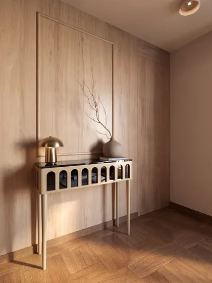A minimalist console table against a wood-paneled wall offers a simple yet elegant storage solution, showing attention to detail in every corner of the study.