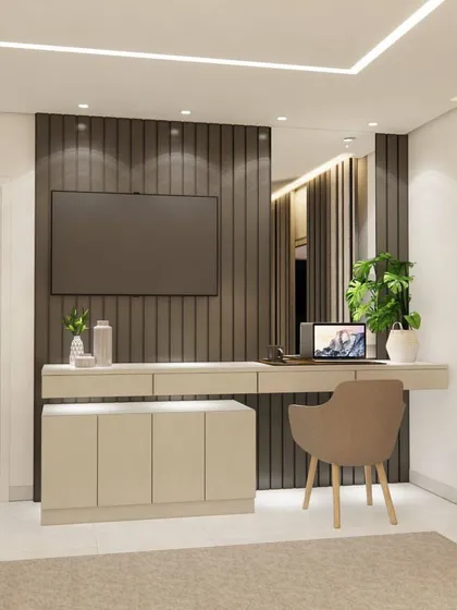 A functional and stylish TV unit and study desk combination. The dark wood fluting provides a rich, textured backdrop.