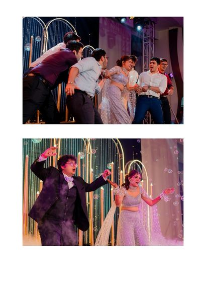 A collage of fun and candid moments from the Sangeet dance floor, including bubble machines and playful group dances.