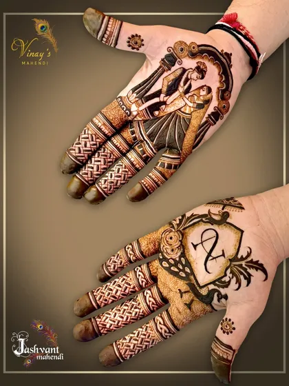 This groom's mehndi combines a personal touch with storytelling. One hand features a custom crest with the couple's initials, while the other depicts a romantic dance scene, framed by intricate patterns.