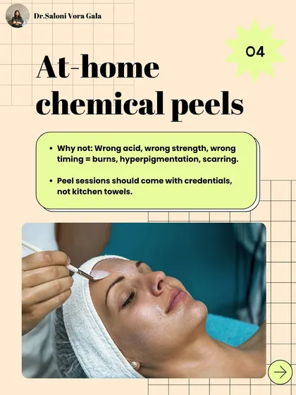 At-home chemical peels are dangerous. Using the wrong acid, strength, or timing can result in severe chemical burns, hyperpigmentation, and permanent scarring. Peel sessions should come with credentials, not kitchen towels.