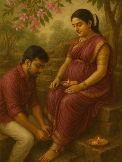 A tender moment captured between an expecting couple, styled in traditional attire. The husband gently places anklets on his wife's feet, creating a deeply symbolic and artistic image.