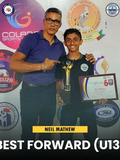 Neil Mathew recognized as the Best Forward in the U13 category at the YPL 2023-24 Awards.