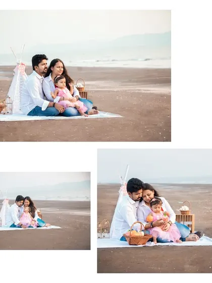 A collage of the same family enjoying a picnic-style setup on the beach.