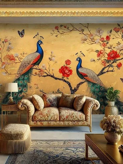 A traditional, painterly style wallpaper featuring two peacocks on a branch against a warm, golden background. This design evokes the richness of Indian miniature paintings.