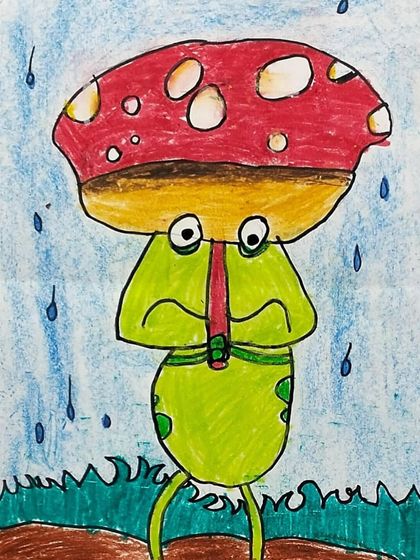 This sad little frog under a mushroom umbrella perfectly captures a feeling of melancholy. We teach students how to use posture and expression to convey different emotions.
