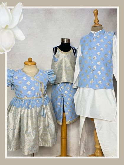 Triple the love with our coordinated Mogra collection. Here you can see how a single beautiful fabric can be used to create a dress, a co-ord set, and a boys' kurta with a jacket for a fully coordinated family look.