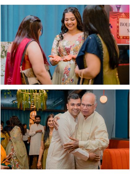 A collage of candid moments from a Mehendi event, showing the bride interacting with guests and the groom sharing a warm hug with a family member.