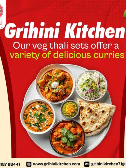 Our veg thali sets offer a variety of delicious curries. Here you can see different paneer preparations and dal, served with rice and naan.