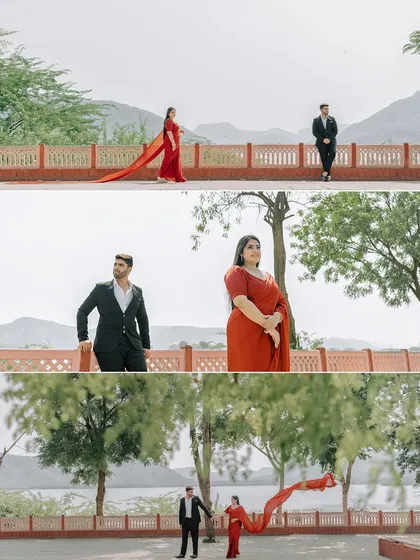 A collage of three images from a lakeside shoot, showcasing the elegance of a red saree and a classic black suit.