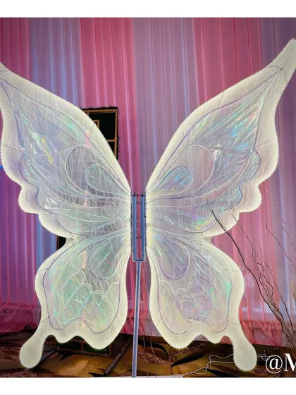 An artistic photo prop in the shape of large, iridescent butterfly wings. Guests can stand in front of it to create beautiful and whimsical photos.