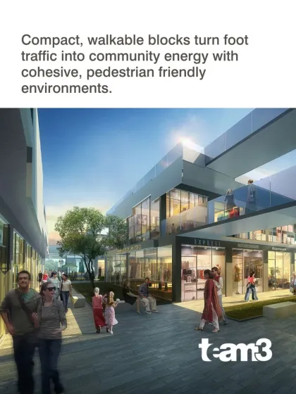 Compact, walkable blocks are a key feature of our urban planning. As shown in this render, they turn foot traffic into community energy by creating cohesive and pedestrian-friendly environments.