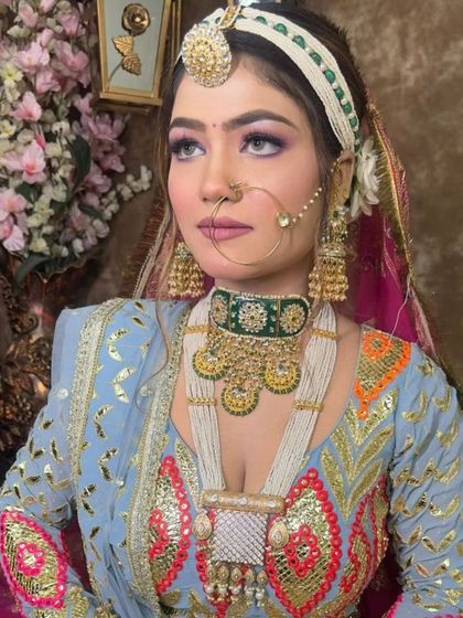 A full view of the Rajasthani bridal jewellery set, showing the choker, long necklace, and headpiece. This complete set is available for booking.