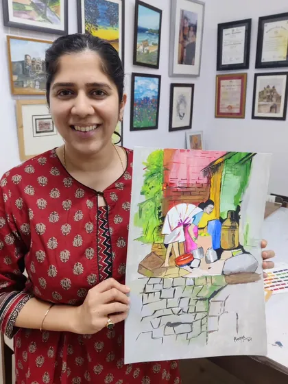 The finished piece of a figurative watercolor painting, capturing a moment of daily life with expressive colors and brushwork.