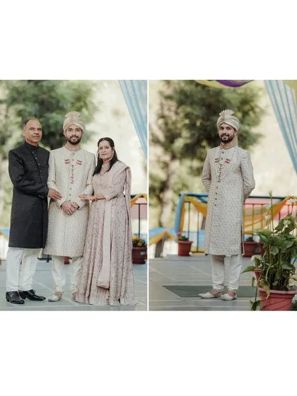 A diptych of the groom with his parents and a solo portrait. These photos capture the pride and joy of the family on the wedding day.