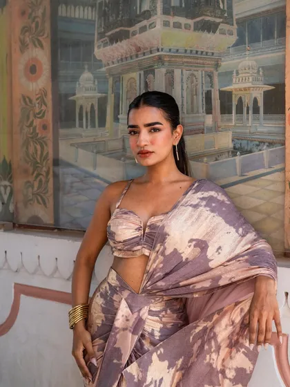 Another look at our modern pre-draped dhoti saree with a tie-dye print from our Pastel Pink Edit.