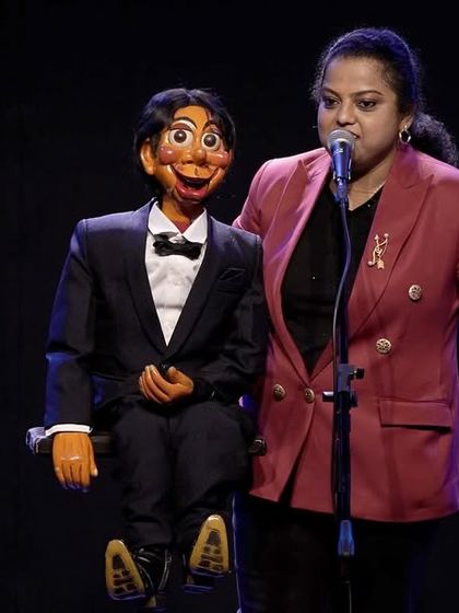 On stage with Dinku at the NMACC Bachpan festival in Mumbai. This was a show specially created for kids, filled with stories, humor, and the magic of ventriloquism.