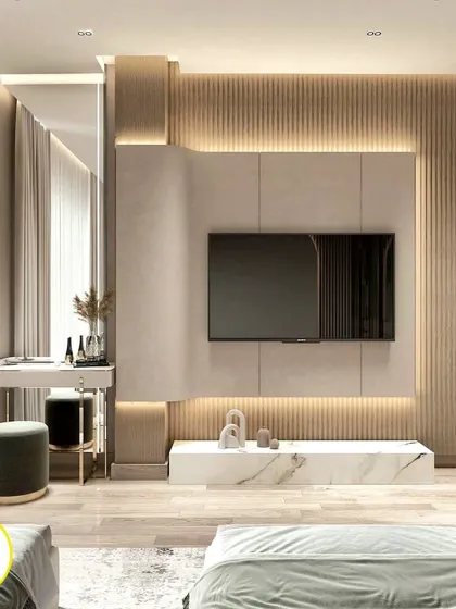 A full view of the premium master bedroom, showing the elegant curtains and the overall spacious feel created by the light color palette and clever lighting.
