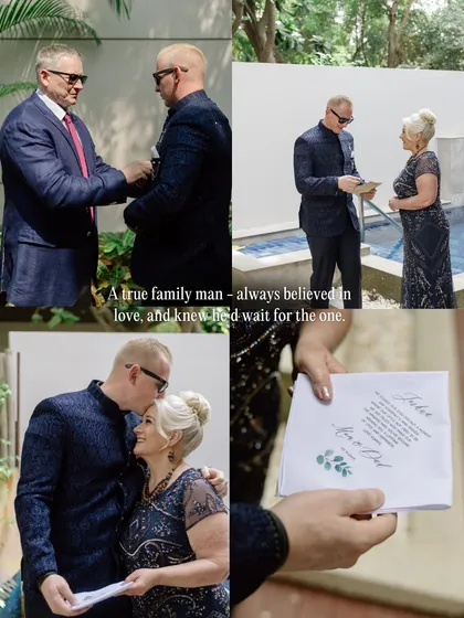 A collage of moments showing Joshua with his family, reading a heartfelt letter from his dad. These are the small, significant events that build the emotional foundation of the wedding day story.