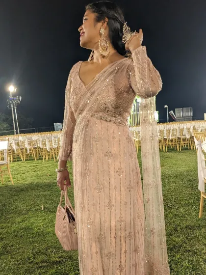 Another look at the comfortable and stylish saree gown. It's a great rental option for when you want an elegant, hassle-free ethnic look.