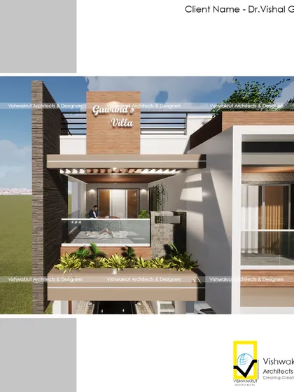 A close-up render of the balcony and 'Gawand's Villa' signage. We believe in integrating every detail, including the house name, into the architectural design itself.