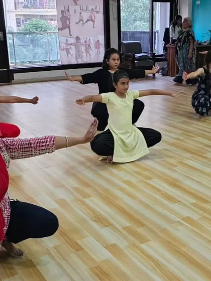 An adult beginners' batch for Bharatanatyam in our Indirapuram studio. It is never too late to connect with our culture and learn a classical art form; we welcome learners of all ages.