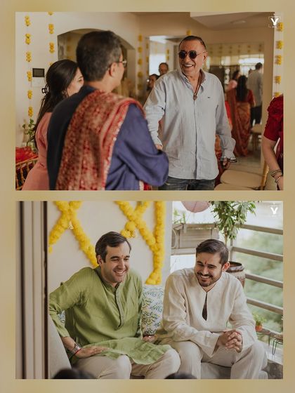 A collage of candid moments, including actor Sanjay Dutt greeting guests. These shots capture the relaxed and happy atmosphere of the wedding celebrations.