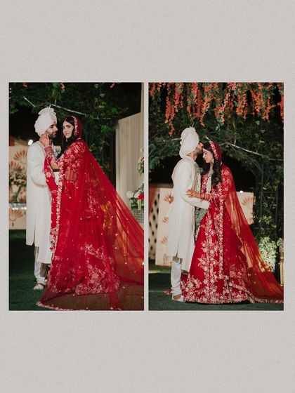 A collage of two romantic moments from the wedding ceremony. The couple's intimate embrace and kiss are beautifully captured in these shots.
