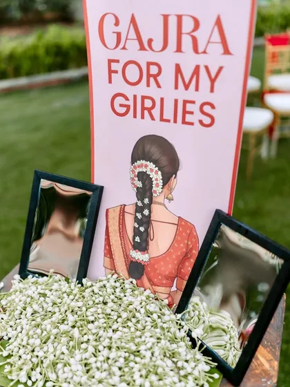 It's the little things that make a wedding feel like you. We set up this "Gajra for my girlies" station so the bride's friends could share in the tradition, adding a personal and interactive touch to the Kalyanam morning.