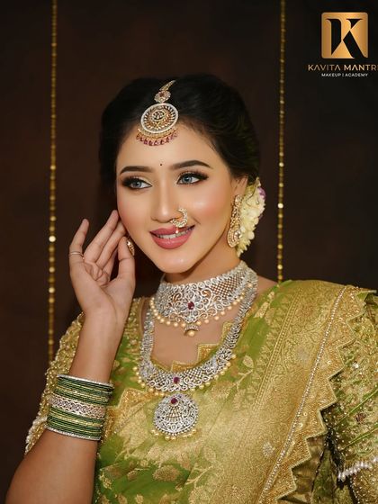 A final portrait of the South Indian inspired look. The makeup is perfectly balanced, with attention to the eyes, lips, and a flawless skin finish.