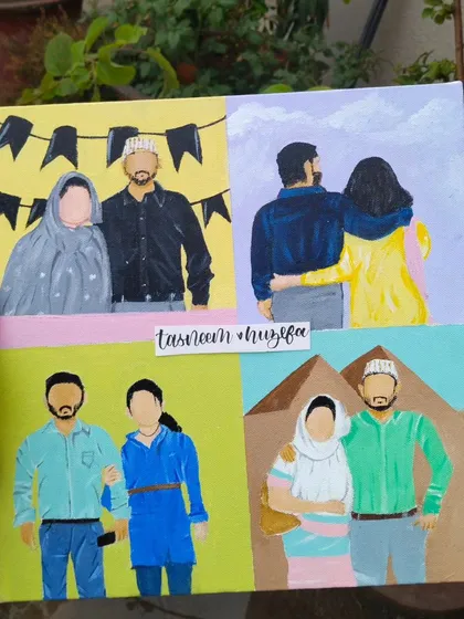 I paint your memories. This is a custom faceless portrait collage I made for a client's parents, combining four of their favorite photos into one special canvas. It's a really personal way to celebrate your loved ones.